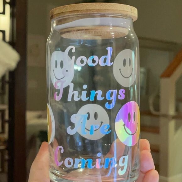 NWT WOOL + PEPPER CO. Good Things Holographic Glass Can Cup w/ Bamboo Lid - Picture 4 of 5